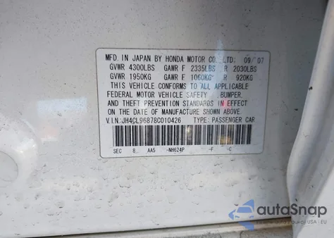 2008 Acura Tsx from USA, damaged, VIN JH4CL96878C010426